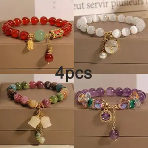 4pcs Elegant Natural Stone Bracelets - Amethyst Beads with CZ Cat Pendant - Lucky Boho Jewelry Gift for Women Men Couple Best Friend