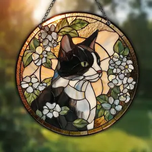Tuxedo Cat Stained Glass Suncatcher, Tuxedo Cat Art Window