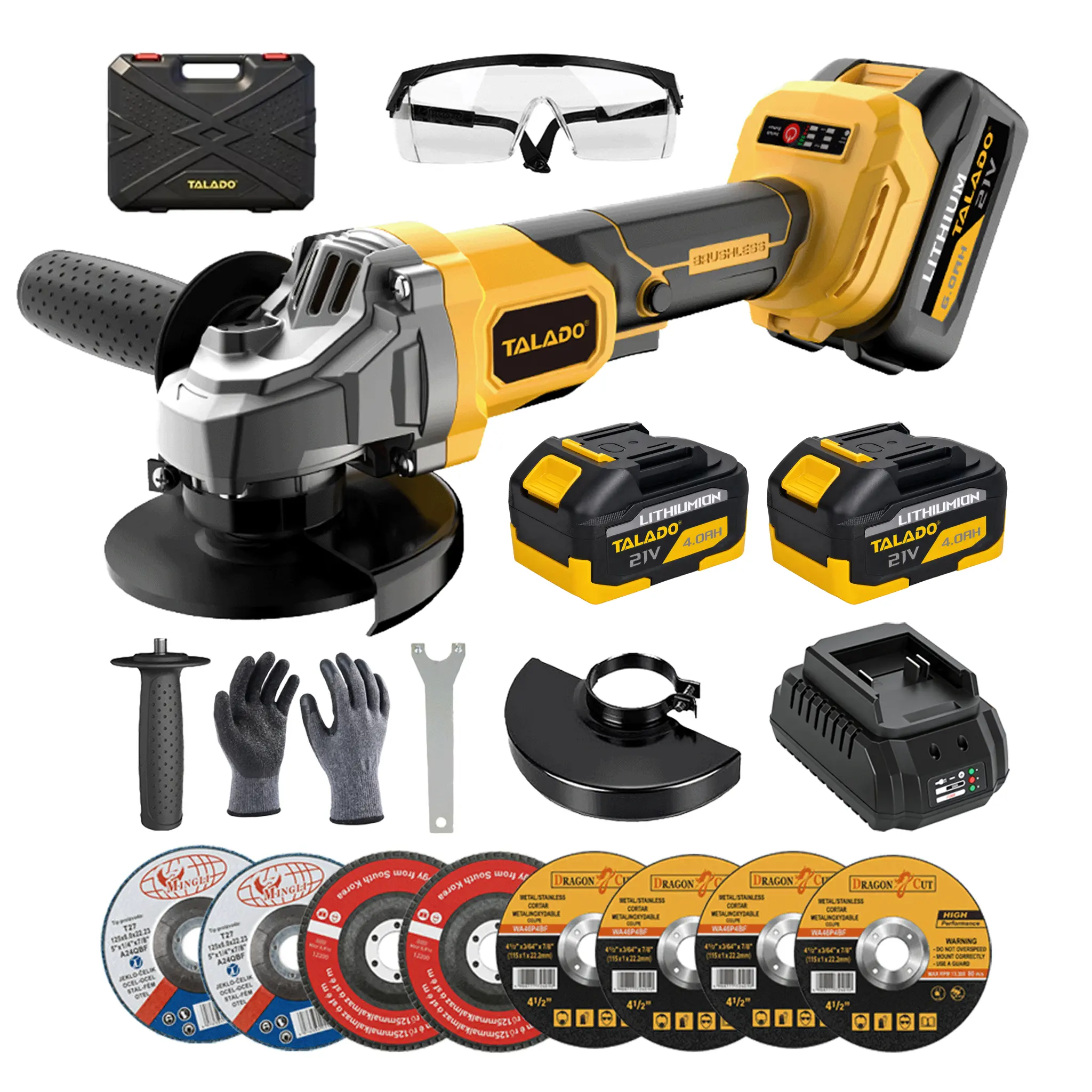 TALADO 21V Brushless Cordless Angle Grinder Kit, 4-1/2" Metal Grinder with 2 x 4.0Ah Batteries, Charger, 3-Speed Adjustable 8500 RPM, 1.5kg, Cutting Flap Wool Wheels for Garage Workshop Rust Removal