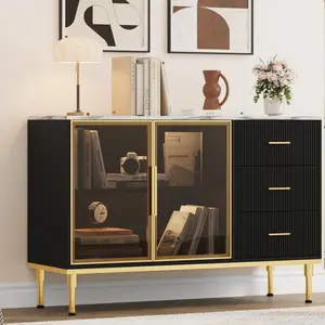Garvee Fluted Sideboards Buffets Cabinet with Glass Doors, 3 Drawers, Marble Top Kitchen Sideboard Cabinet for Dining Room, Living Room, Black
