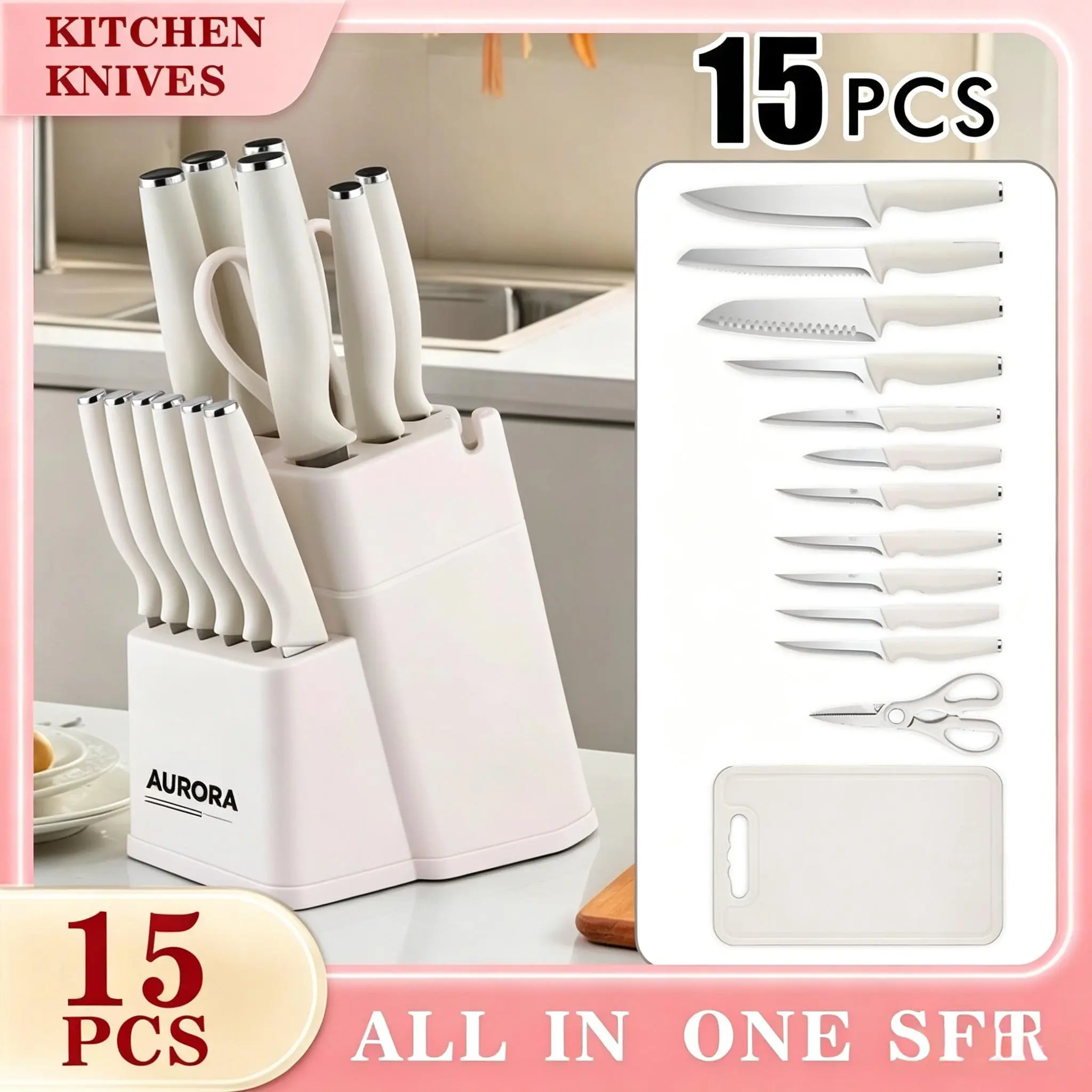 15PCS knife holder kitchenknifeset: meat/vegetable knife, chicken bone knife, German steak knife storage built-in sharpener - stainless steel washable dishwasher suitable for women, wives,man Mother's Day,Father's Day ,Super Category Weekpink/white/black,