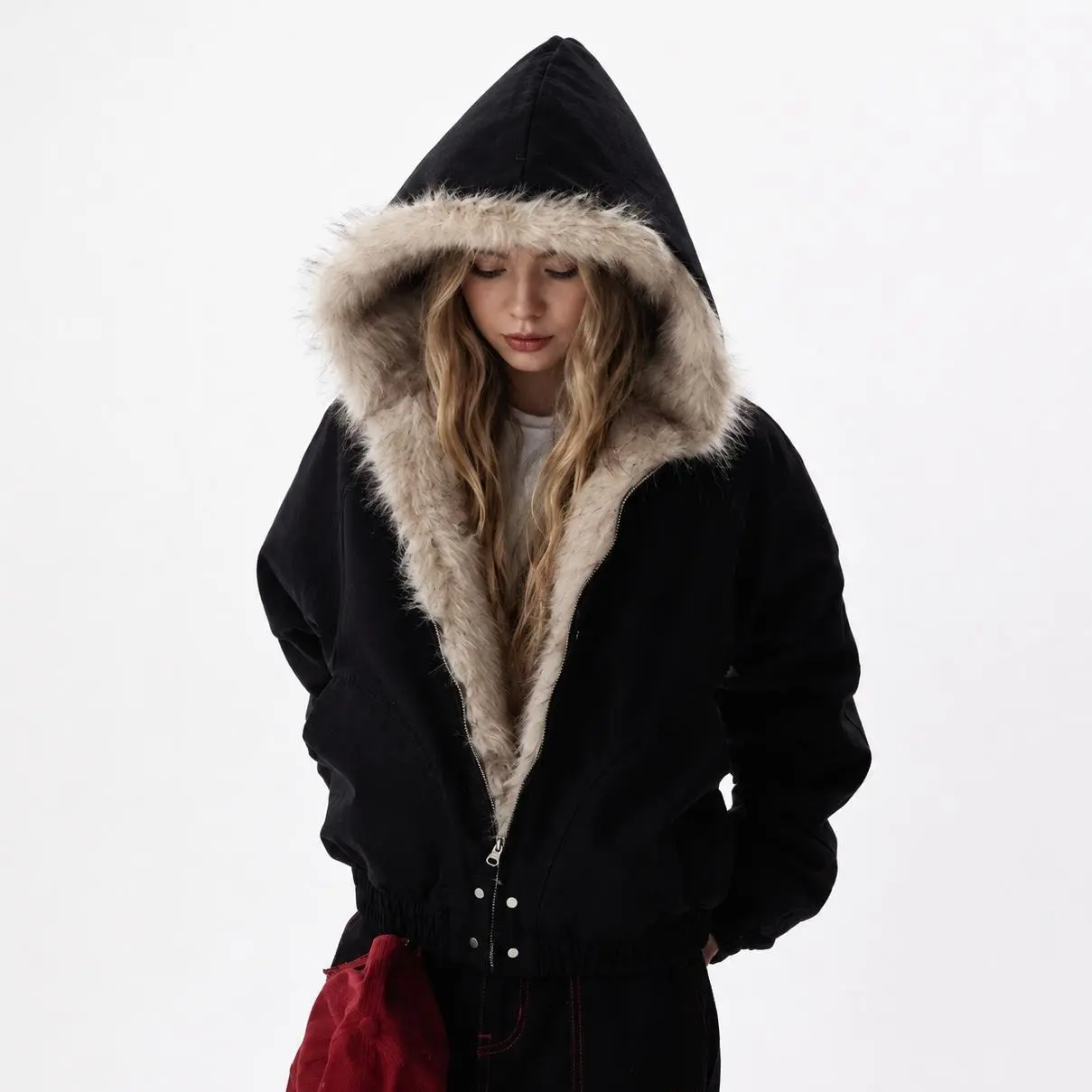 Gihuo Women's 1-Piece Unisex Faux Fur Lined Hooded Bomber Jacket, Warm Winter Quilted Sherpa Trim Zip-Up Cropped Outerwear with Pockets for Casual Cold Weather