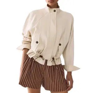 Songling Cropped Jackets Women Casual Trendy Drawstring Waist Zip Up Coats Spring Fall Lightweight Outerwear with Pockets