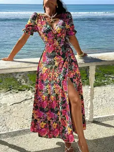 Tropical Floral Print Wrap Dress, V Neck Slit Design, Romantic Flowy, Vibrant Colors, Loose, Casual wear, Perfect for Beach Vacation, Island Travel, Summer Party, Womenswear