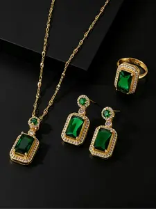 A vintage emerald set, Matching jewelry set (necklace+ring+earring three piece set), with a style, suitable for women's personal use or as gift jewelry, suitable for both summer jewelry and declaration jewelry scenes, daily commuting