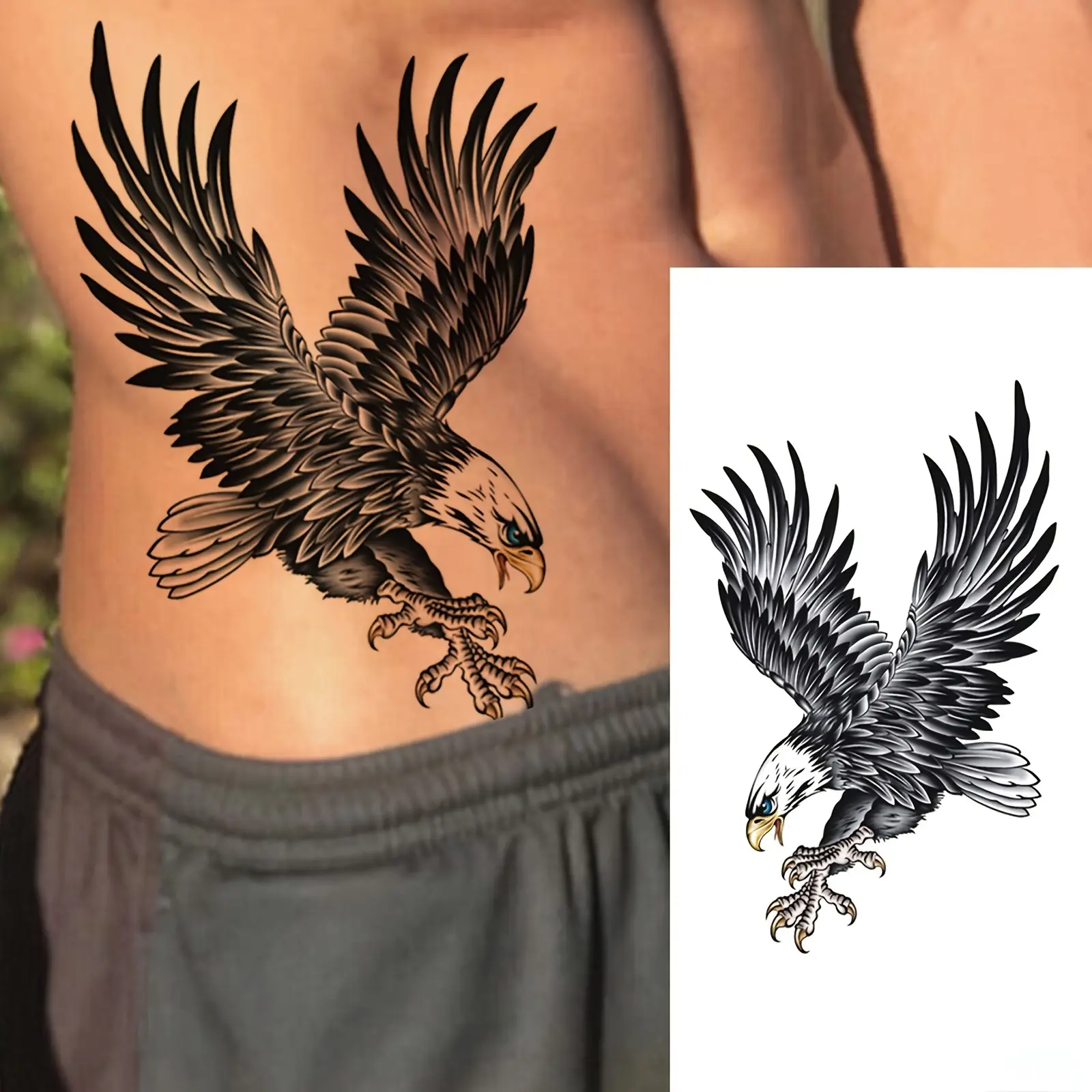 Temporary Tattoo Stickers, 6 Sheets of Realistic Black Eagle Designs - Waterproof & Long-Lasting Body Art for Adults on Arms, Legs & Thighs, Realistic Temporary Tattoos