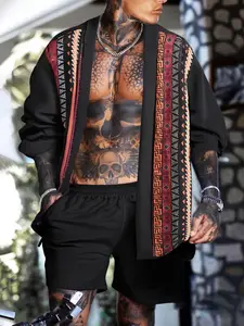 Men's Ethnic Pattern Long Sleeve Open Front Vest Jacket, Loose Casual Street Comfy Top for Daily Wear, Menswear for All Seasons, Coats, Street Fashion Outerwear