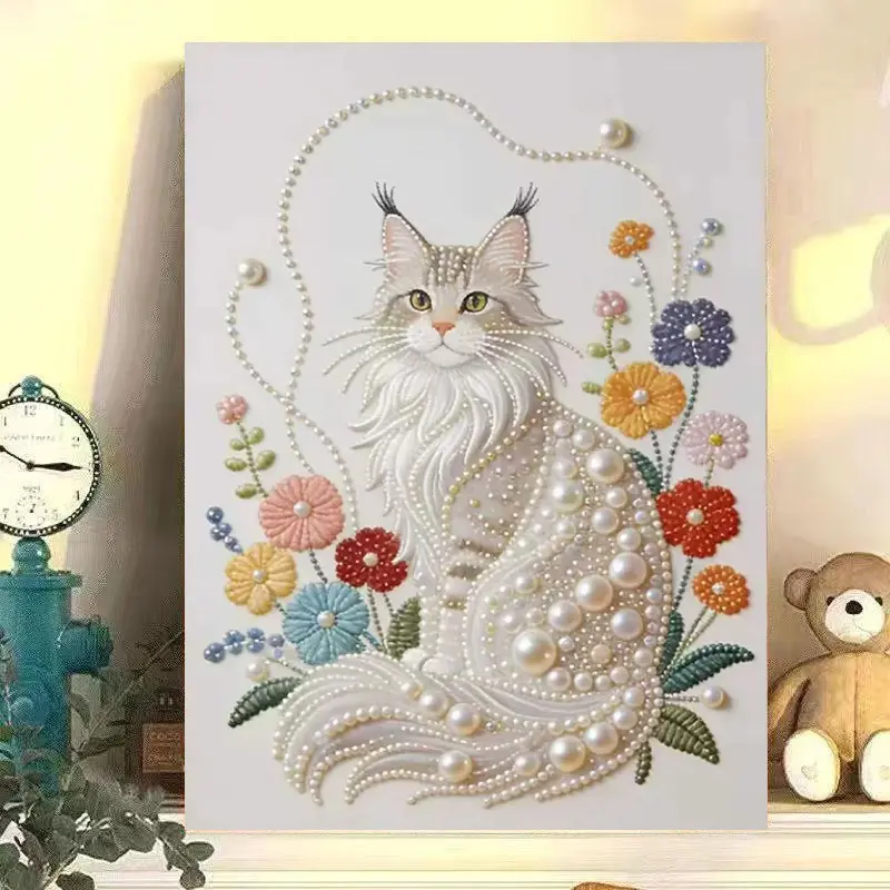 ZaiDoc Cute White Kitty Shimmer Bead Inlay DIY Paint by Numbers Craft Kit, Soft Textured Canvas Animal Wall Art Set, Adorable Indoor Hanging Ornament for Room Decoration & Holiday Handmade Gifts
