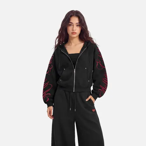Aelfric Eden Men's Hoodies & Sweatshirts, Casual Boxy Cropped Zip-Up Hoodie - Script Embroidery, Studded Pocket, Heavyweight Soft Fabric, Baggy Sleeves, Ribbed Details, Male Clothing Streetwear Clothing Alternative Style Essential (Pairs with Sweatpants)