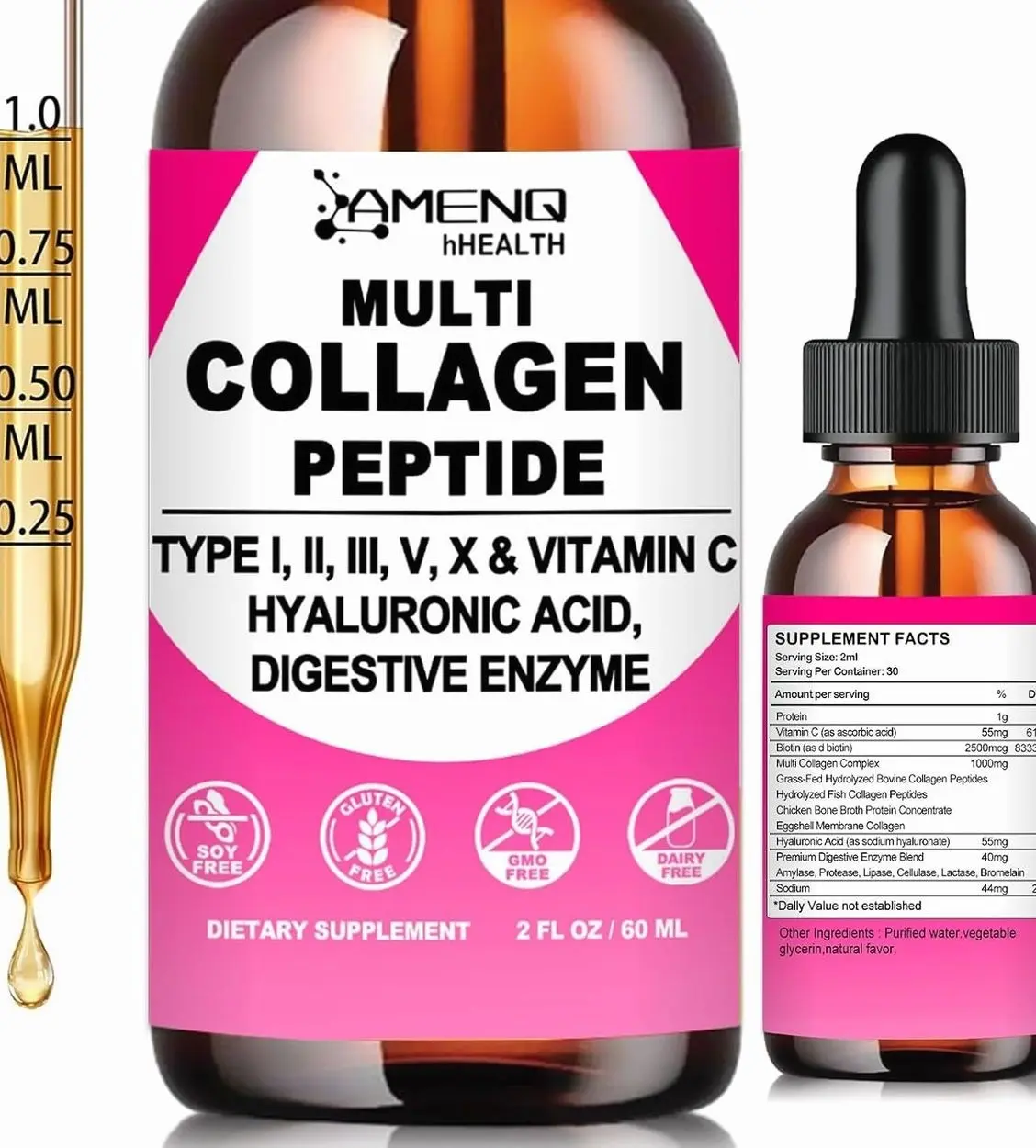 Multi Collagen Peptides Liquid Drops for Women & Men, Hydrolyzed Collagen Peptides Type (I, II, III, V, X)Proteins Complex W. Hyaluronic Acid, Biotin & Vitamin C, Support Hair Skin Joint & Gut Health