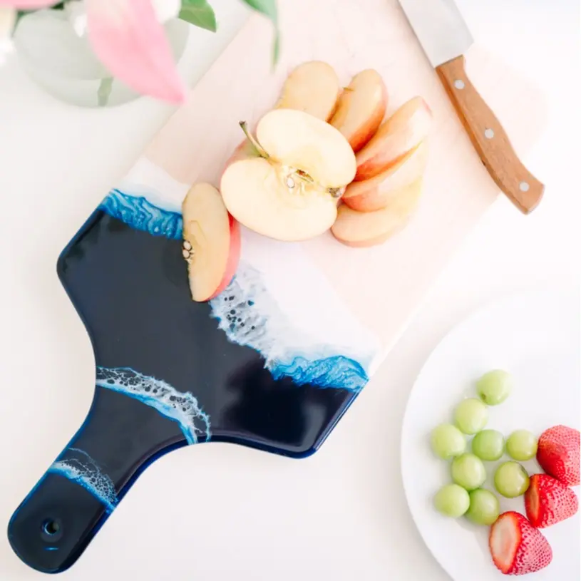 Schafer Art Studio Handmade Resin Ocean Theme Maple Wood Cutting Board with Handle Kitchen Knives Wooden Chopping