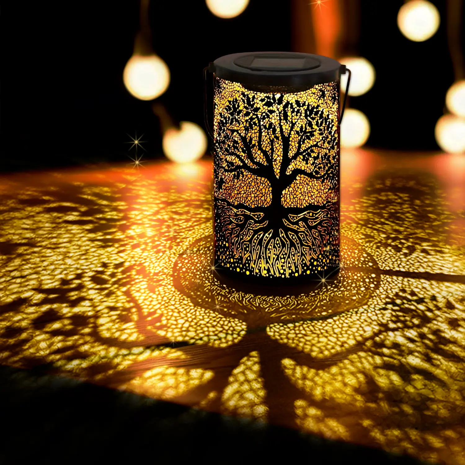 Tree of Life Solar Lanterns - Hollow Tree Design Metal Frame LED Light, 600mAh Battery Wireless Solar Decorative Lamp, Eco-Friendly Water-Resistant Auto On/Off Hanging/Wall Light, Reduces Carbon Footprint Warm White Shadows Garden Patio Decor