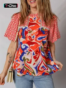 Summer Boho Bohemian Paisley Print Geometric Patchwork Bubble Short Sleeve Top, Fitted Long Blouse, Casual Fashion for Women, Lady, Womenswear