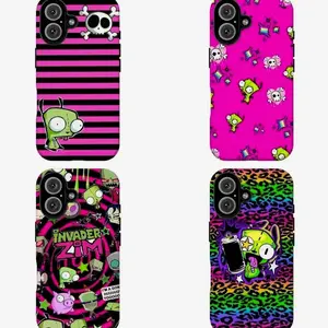 FL-Invad3r Zim GIR Pink Stripes & Skull Phone Case,Y2K Emo Aesthetic Cover For iPhone 11 12 13 14 15 16 17 Air Pro Max for Samsung S26 S25 S24 S23 S22 S21 Case,Gift for her/him/fans