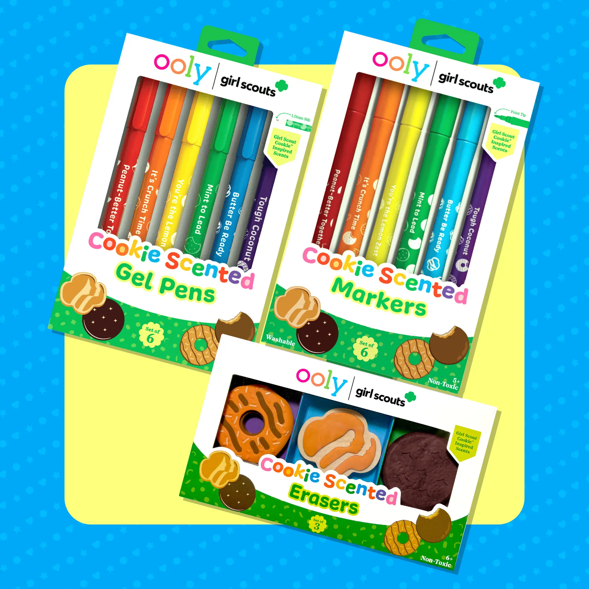 OOLY x Girl Scouts Cookie Scented Office Stationery Set - 0.7mm Markers, Gel Pens, Acid-Free Erasers - Back-to-School Ready Kids Writing & Correction Tools - For Cookie Fans, Ages 5 and Up, Collaboration