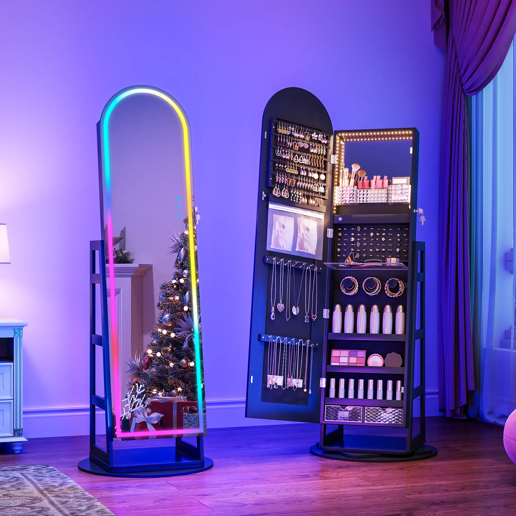 Dystler Standing Mirror Jewelry Cabinet with RGB LED Lights, 360° Swivel Base, Lockable Full-Length Mirror Armoire, Multi-Slot Storage Shelves Organizer, Requires Assembly, Gift for Women