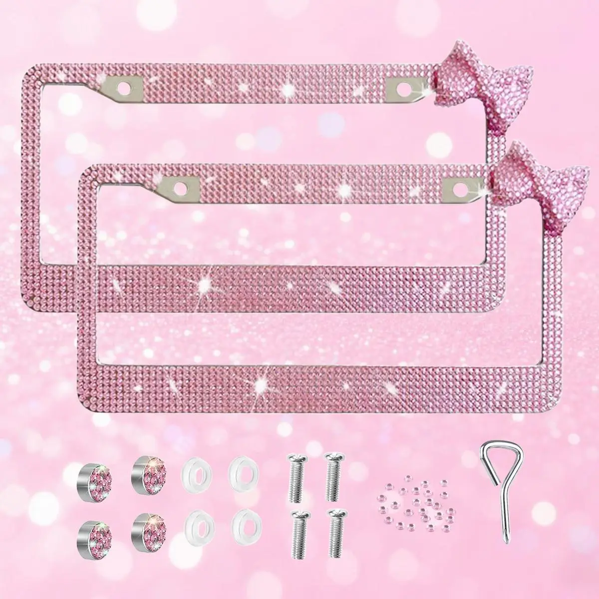 Women's Sparkly Rhinestone Bow License Plate Frame - Rust-Resist Steel, Universal Fit for Cars & Trucks, Weatherproof Bling Car Exterior Accessory