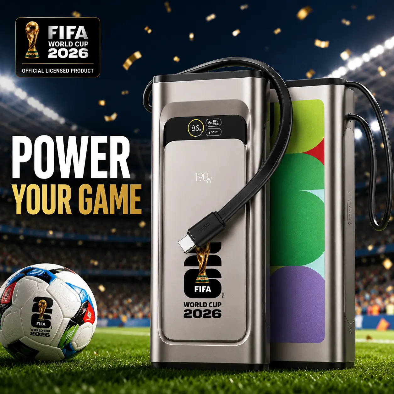 FIFA World Cup 2026 190W Laptop Power Bank with Built-in Cable, 20000mAh, 2-Port, Smart Display, TSA Approved Power Bank for Laptop, MacBook, iPhone 17/16, Galaxy, Smartphone, Mobile