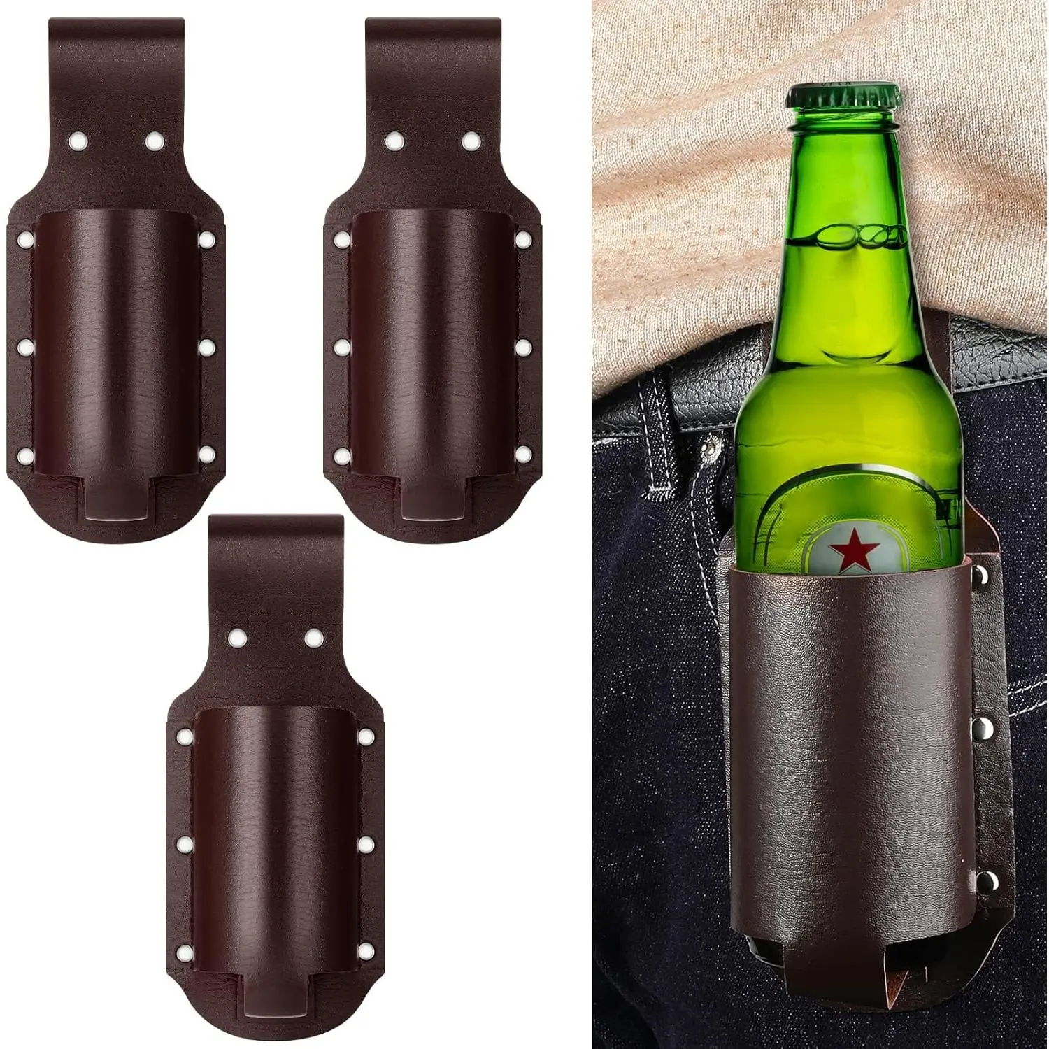 3-Pcs Sturdy Classic PU Leather Beer Holster Belt Waist Bag - 3pcs Brown+Black Bottle Holder for Outdoor Events, Independence Day, Day of the Dead, Outdoor-Working Adults