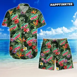 Mountain Dew Hawaiian Shirt Shorts Set Tropical Hibiscus Bird Of Paradise Floral Men Women Summer Beach Vacation Soda Lover Casual Loose Comfy Aloha Outfit
