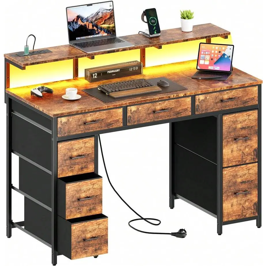 Classic 47-Inch Rectangle Wood Composite Full-Motion Height-Adjustable Computer Armoire Desk - Ancient Brown Home Office Writing Table with 8 Storage Drawers, LED Lights, USB Ports, Monitor Stand, Assembly Required, Laptop-Friendly Durable Gaming Desk, Ga