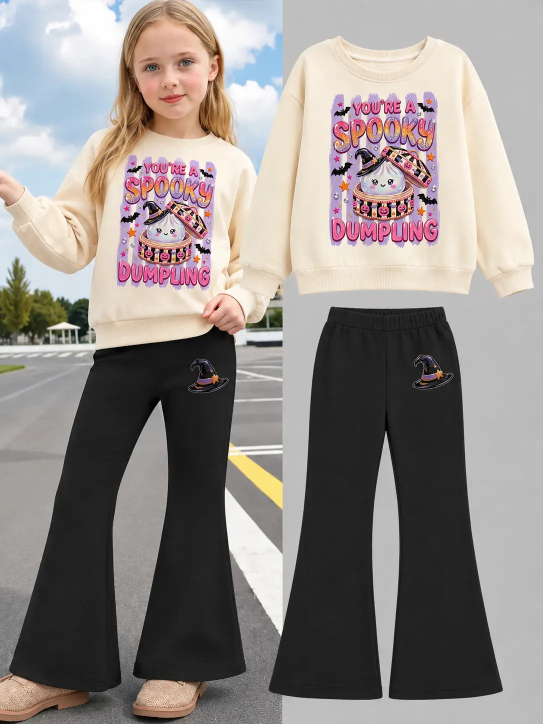 Girls’ Halloween 2-Piece Outfit Set, Lightweight Fall Graphic Sweatshirt & Flare Pants, Cute Spooky Dumpling Print Casual Matching Set, Non-Fleece Back-to-School Clothing