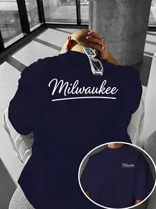 Milwaukee Handwritten Logo Loose T-Shirt, Vintage City Street Style Print Short Sleeve, Casual Slim-Fitting Long Top for All Seasons