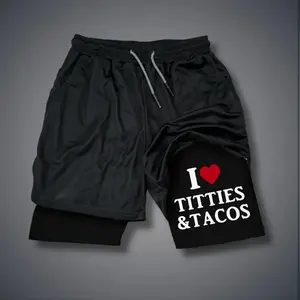 LOVE TITTIES & TACOS 80s 90s Summer Men Shorts for Men Jorts Outfit Men Graphic Shorts Double-layer Sports Shorts Comfortable Short Shorts Summer