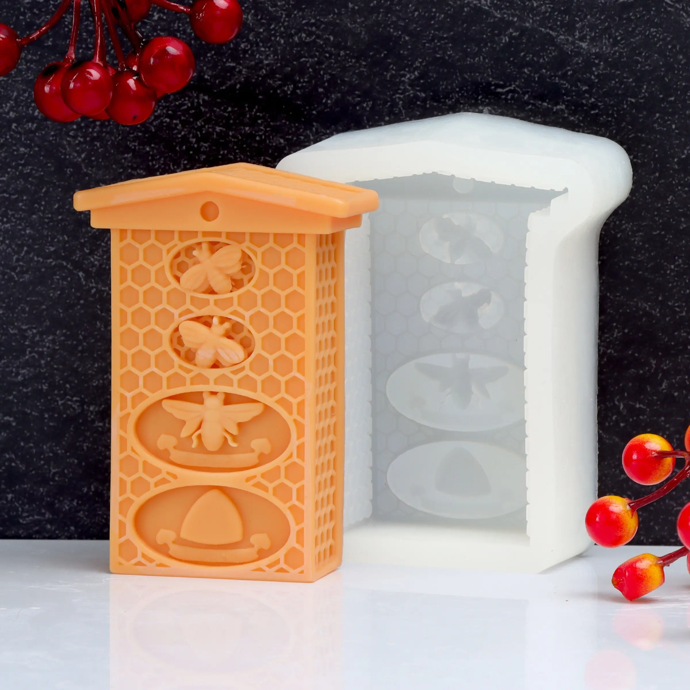 3D Bee Hive Silicone Candle Mold, Cute Bee House Wax Mould for DIY Scented Candle Soap Resin, Spring Garden Farmhouse Decor Beekeeper Gift
