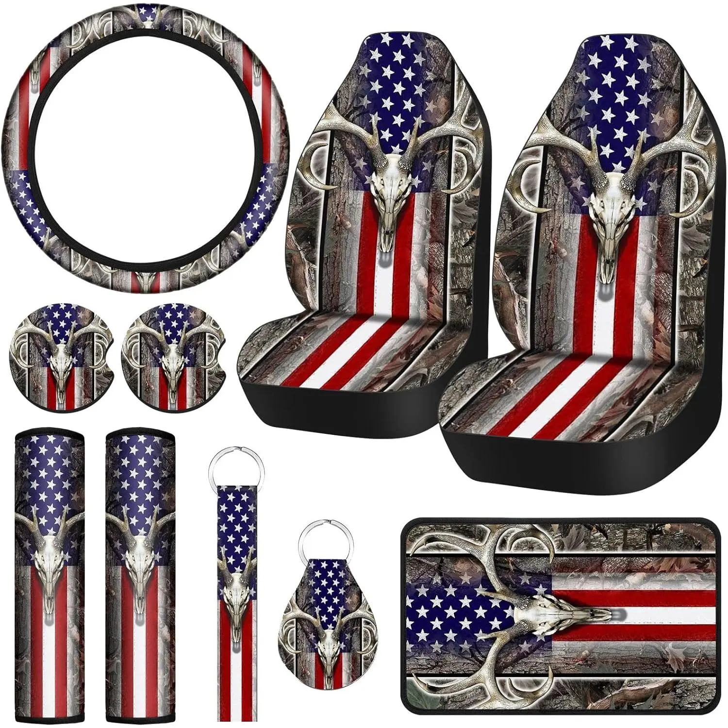 10-Piece Wood Deer Camo American Flag Car Interior Accessories Set - 4th of July Printed Pattern, Flexible Easy Install, Keeps Seats Clean, Prevents Crumbs, Steering Wheel Cover, Universal for Most Vehicles, Truck Gift, Patriotic Print