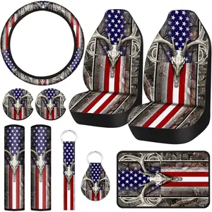 Frienda 10 Pcs American Flag Wood Deer Skull Camo Car Accessories Set 4th of July Patriotic Seat Covers Steering Wheel Cover Keyring Cup Holder Armrest Pad Seat Belt Pads Wrist Strap for Truck