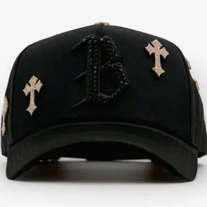 Barbas Hats “B Chrome” Premium Streetwear Snapback – Black Adjustable Unisex Hat for Men & Women Featuring Rhinestone Letter Embroidery and Metallic Cross Accents Inspired by Modern Street Fashion