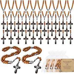 Wooden Rosary Necklace, Handmade Rosary Beads Necklace, Prayer Holy Soil Medal and Metal Cross For Catholic Or Christian , Pouch Baptism Favors