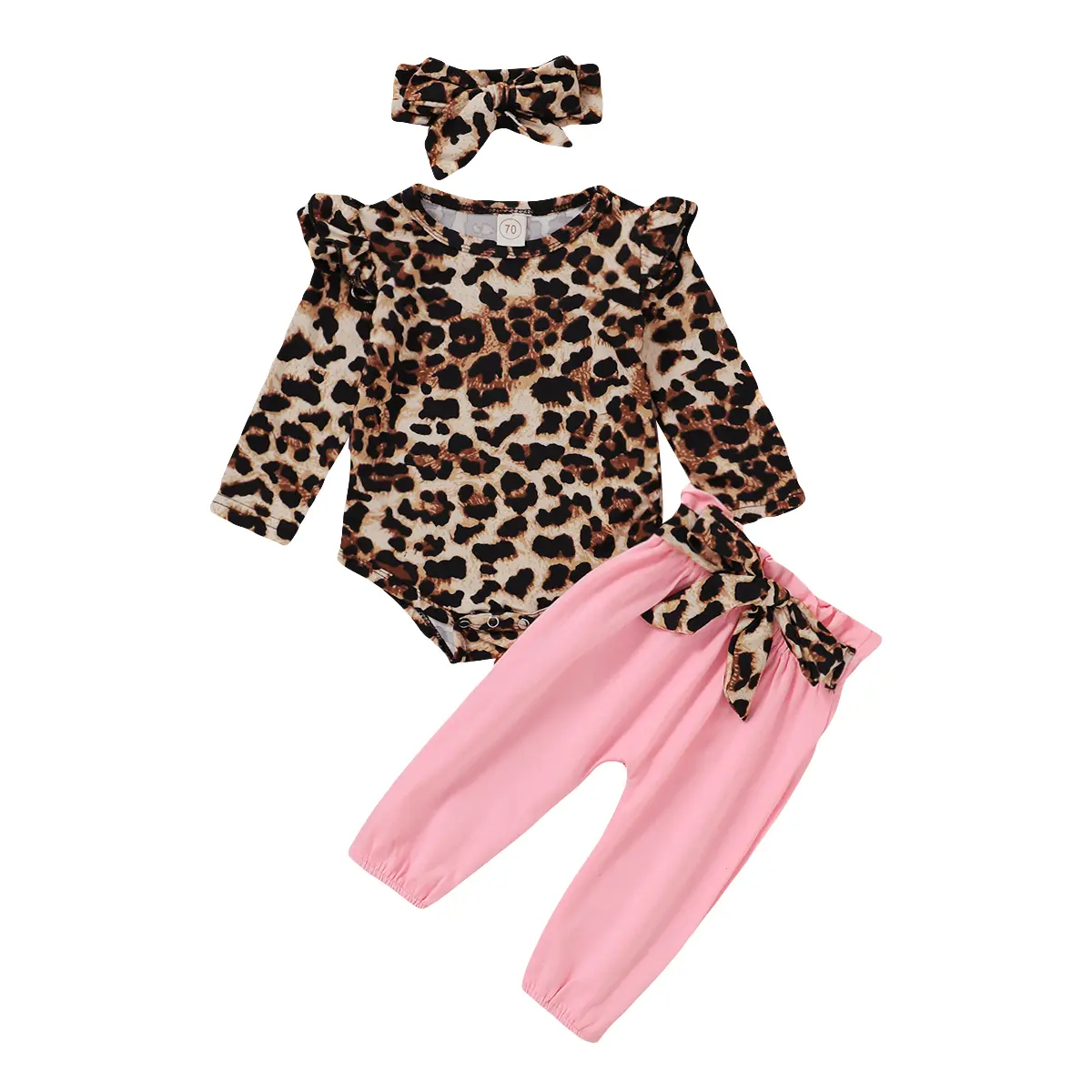 Toddler Baby Girl 3-Piece Autumn Kids Style Gift Set, Long Sleeve Leopard/Sunflower Print Onesie Romper + Solid Color Pants + Bowknot Headband, Onesies Baby Girls Gift Sets