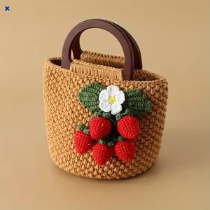 Boho Strawberry Crochet Bag Wooden Handle Open Top Small Tote Bag Summer Casual Cute Aesthetic Beach Party Clutch