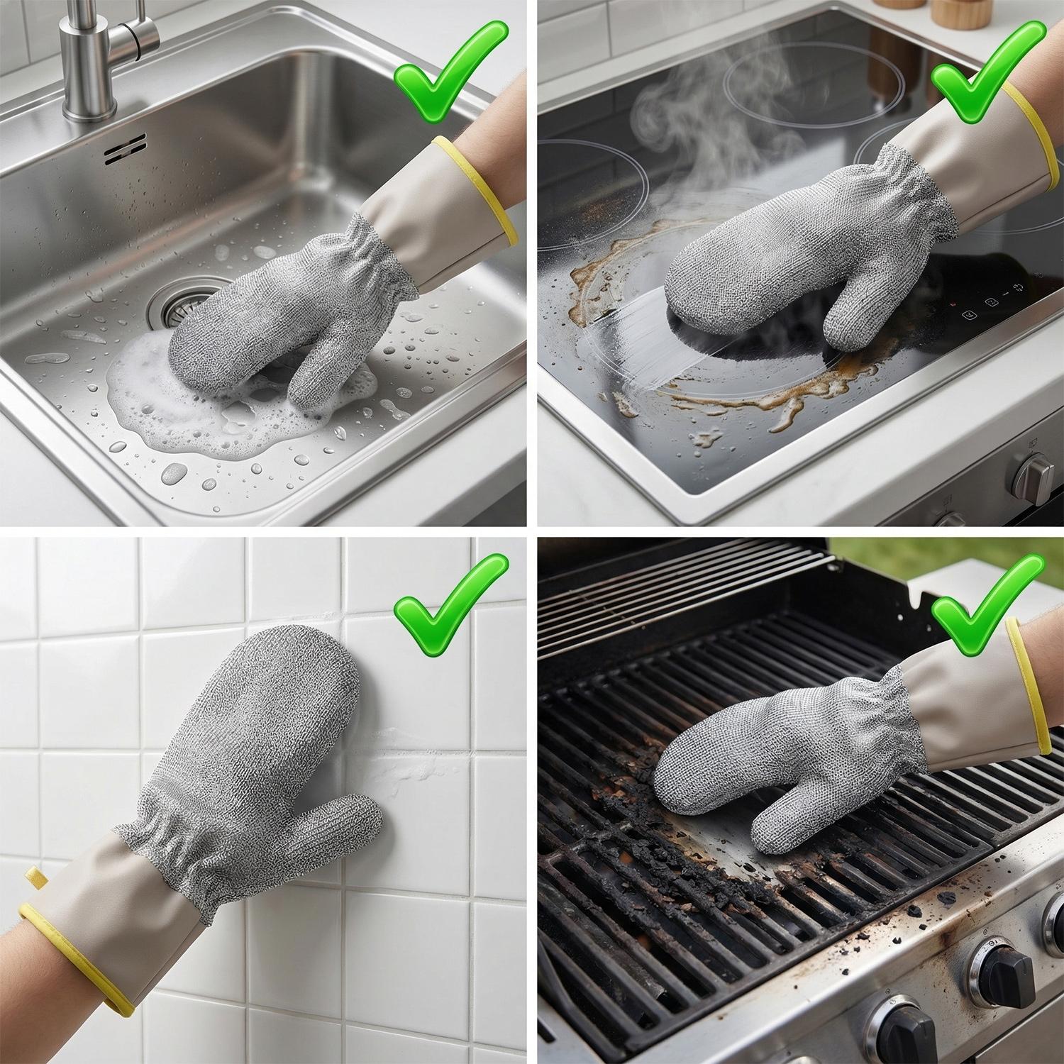 Non-scratch Wire Dishwashing Scrubber Gloves,Long Anti-scald Multi-functional Kitchen Cleaning Tool Gloves for Kitchen,Waterproof Anti-Frozen & Hot & Oil