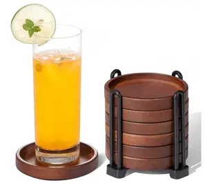 Set of 6 Wooden Coasters With Holder - Coffee Table Coasters for Drinks, Modern Home Decor, Dining Table Decorative Set, Cute Beer Bar Rustic Outdoor Wood Coaster