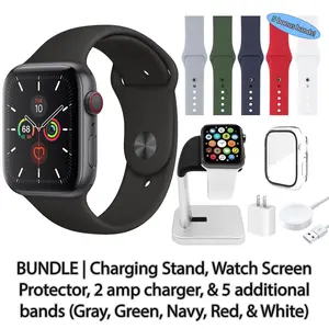 Refurbished Apple Watch Series 5 (WiFi Only) Aluminum Case Bundle: 5 Bonus Bands, Charging Stand, Screen Protector, & 2 amp charger (1 Year Warranty) Excellent Condition