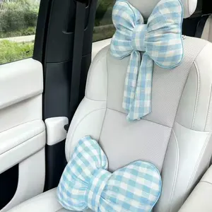 Bow Car Headrest Pillows Cotton-Linen Car Neck Pillows for Travel Driving Office Chair Head Support Cushions, Also Cute Car Decor Accessories Gifts for Car Enthusiast