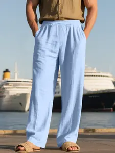Men's Fashion Vacation Wide Leg Pants, Drawstring Elastic Waist, Wrinkle Texture, Linen 95 Polyester 5, Breathable Summer Long Pants