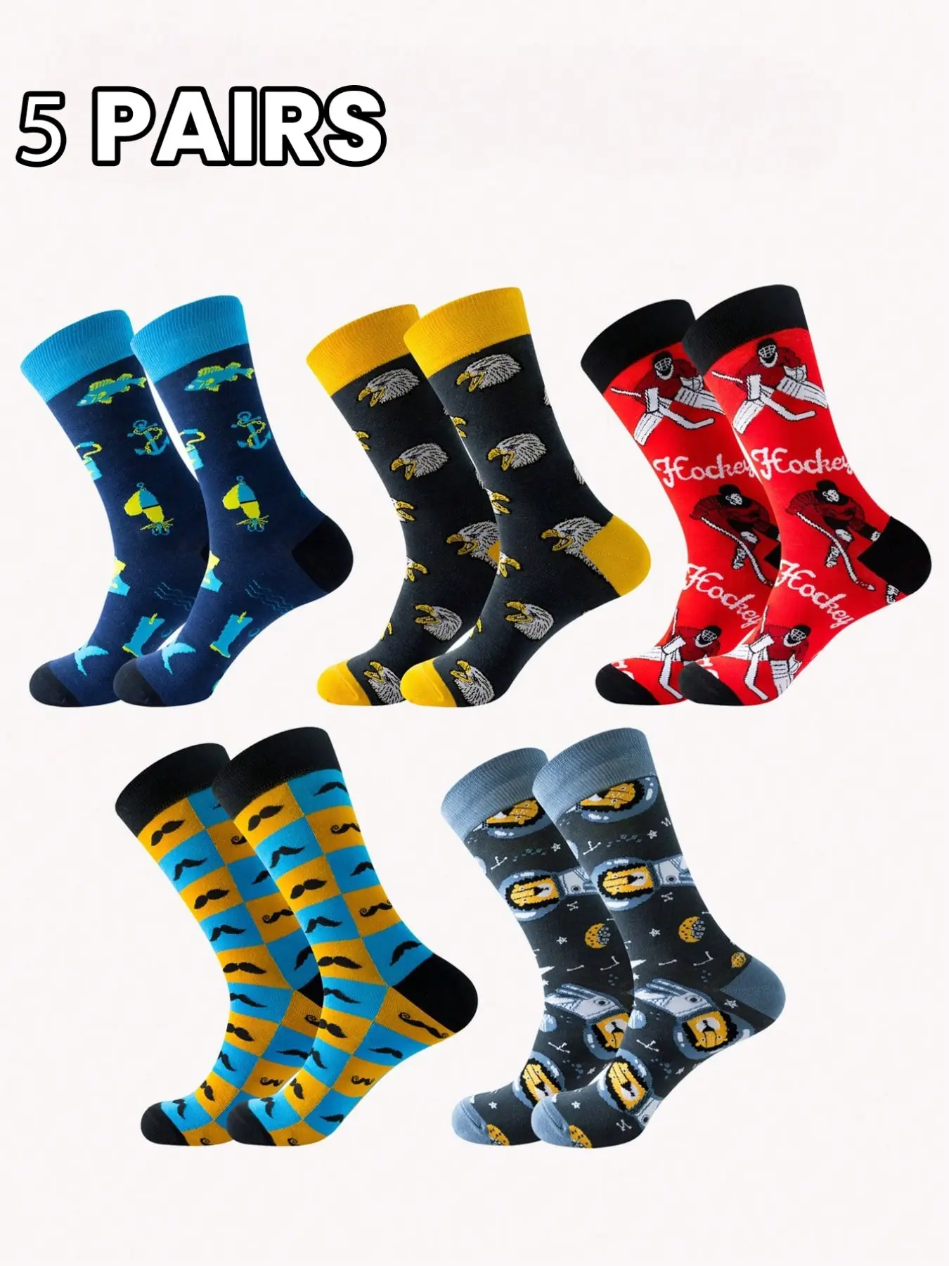 5 Pairs Fun Printed Crew Socks for Men, Bright Colors, Breathable Fabric, Sweat-Wicking, Socks For Sweaty Feet, Odor-Resistant, Ideal for Daily Wear