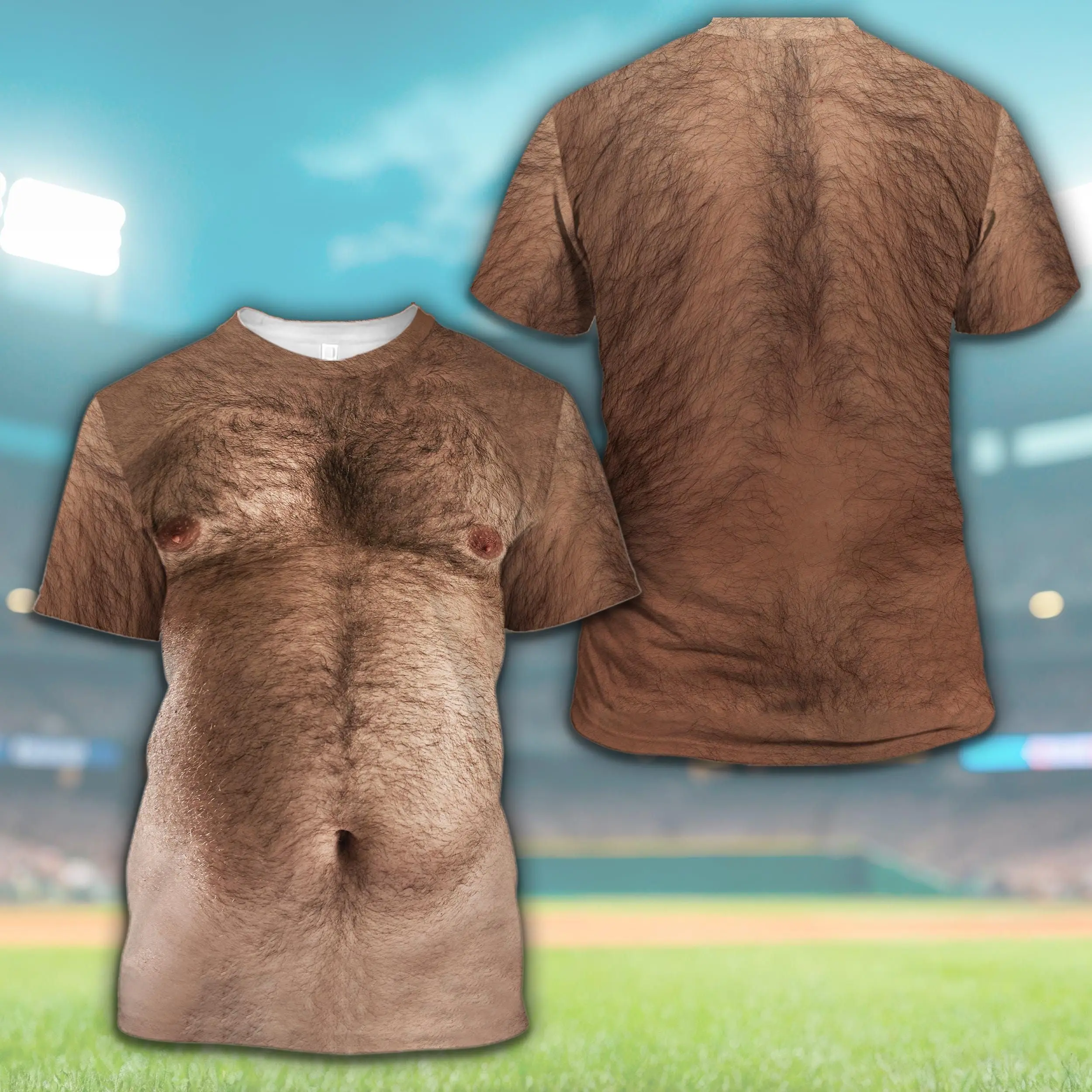 Funny Hairy Chest All Over Print Shirt, Dad Bod Illusion T-Shirt, Beer Belly Gag Gift For Dad & Husband, Novelty Beach Party Shirt For Men