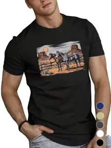 Men's Casual Western Horse and Desert Print Top, Short Sleeve Breathable Long Shirt, Comfortable Elastic Round Neck, All Seasons Wear