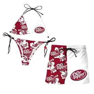 DrPepper Red Floral Bikini Set & Matching Swim Trunks, Couples Swimwear, Tropical Hibiscus Bathing Suit, Summer Vacation Gift for Her Him
