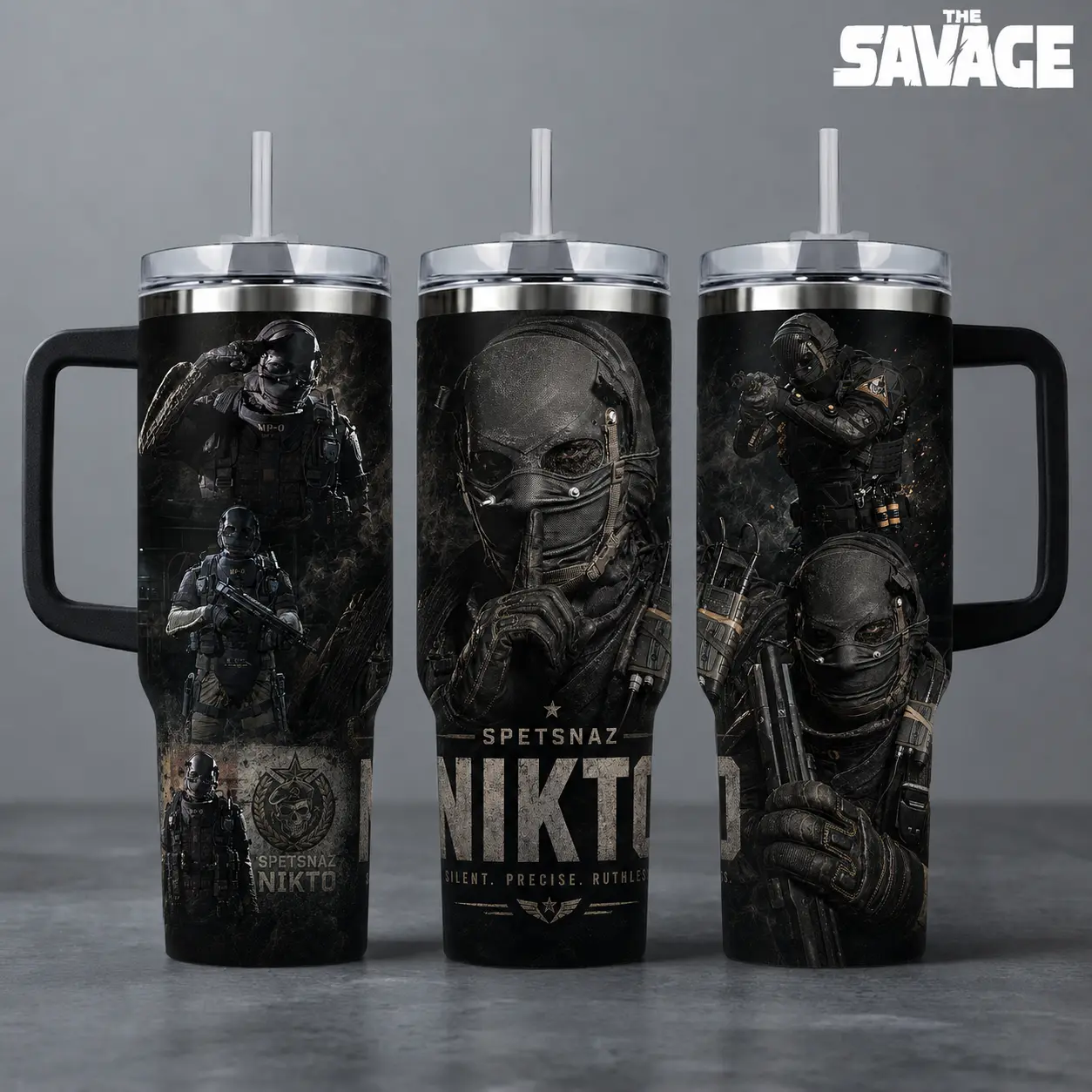 Call of Duty "Nikto - Spetsnaz Silent Precise Ruthless" Gaming Tumbler, 20oz & 40oz Insulated Travel Mug with Handle. Military Tactical Operator Graphic Merch, Perfect Gift for COD Fans
