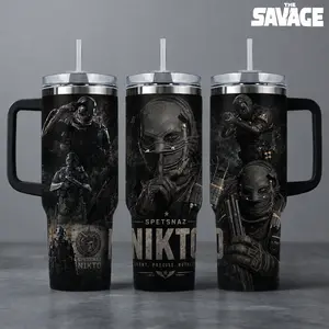Call of Duty "Nikto - Spetsnaz Silent Precise Ruthless" Gaming Tumbler, 20oz & 40oz Insulated Travel Mug with Handle. Military Tactical Operator Graphic Merch, Perfect Gift for COD Fans