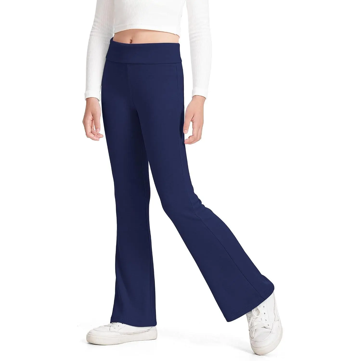 Girls' Full-Length Foldover Waist Flare Leggings, Casual School Uniform Pants for 5-14 Years Daily Wear