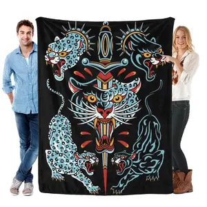 Hardy 3D ED Tattoo Tiger Skull Throw Blanket, Soft Polyester Cozy Chic Warm Throwblanket, Machine Washable Decorative Blanket for Living Room, Bedroom, Cozy Chic Blanket