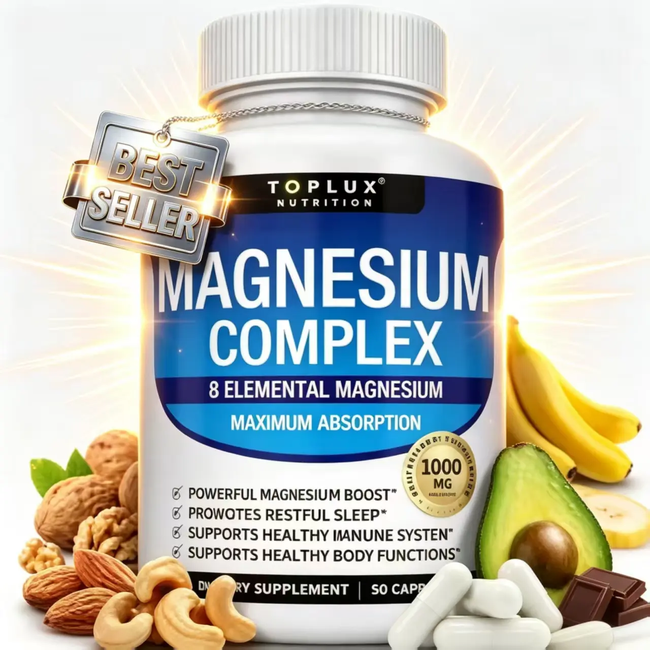 Toplux Nutrition Magnesium Complex, 1000mg, 90 Count Daily Supplement
