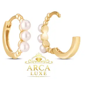 14K Solid Gold Pearl Huggie Earrings (3mm) – Elegant Minimalist Luxury